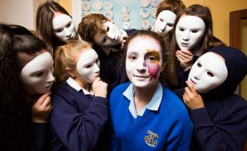 No repro fee
25-10-2016
Picture shows Lauren McCausland fifth year(with face paint); surrounded by 2nd year art students (with masks)  from St Mary’s Secondary School, H F, Glasnevin, Dublin at one of the school’s two permanent NAPD Creative Engagement Project installations ,marking the the Art Teachers’ Association of Ireland launch of the #stateoftheart campaign to raise awareness of the urgent need for change in Leaving Certificate Art highlighted by a day of action on Oct 26th.Pic:Naoise Culhane-no fee
The campaign is designed to raise awareness of the urgent need for reform in the Leaving Cert Art curriculum. 
Key points for change: 
Marking scheme: the current system means A1s are proportionally less achievable than any other Leaving Cert subject. 
Curriculum development & reform: despite requests, the Art Leaving Cert curriculum has not been revised since 1972. 
Third level Art entry requirements: Leaving Cert Art itself is not required for entry to 3rd level (matriculation). However, portfolios are an essential component of entry, but aren’t covered within the curriculum. This puts extra financial and time pressure on students during the crucial Leaving Cert year. 
It is essential that the Department of Education, National Council for Curriculum and Assessment (NCCA) and State Examination Commission (SEC) work together with art teachers, parent and student groups and relevant partners in culture and industry to design and implement a new Leaving Cert curriculum, not simply assessment reform. 
Please support our day of action on 26th of October 2016; to raise awareness and promote change for students of today and to ensure the future creativity of our country. 
Please visit our website www.artteachers.ie for further information. Your support in this campaign is important and greatly appreciated. 
For Further info Please contact www.artteachers.ie or 
Nadine McDonogh Cunningham – President   atai.president@gmail.com 
Pic:Naoise Culhane-no fee
