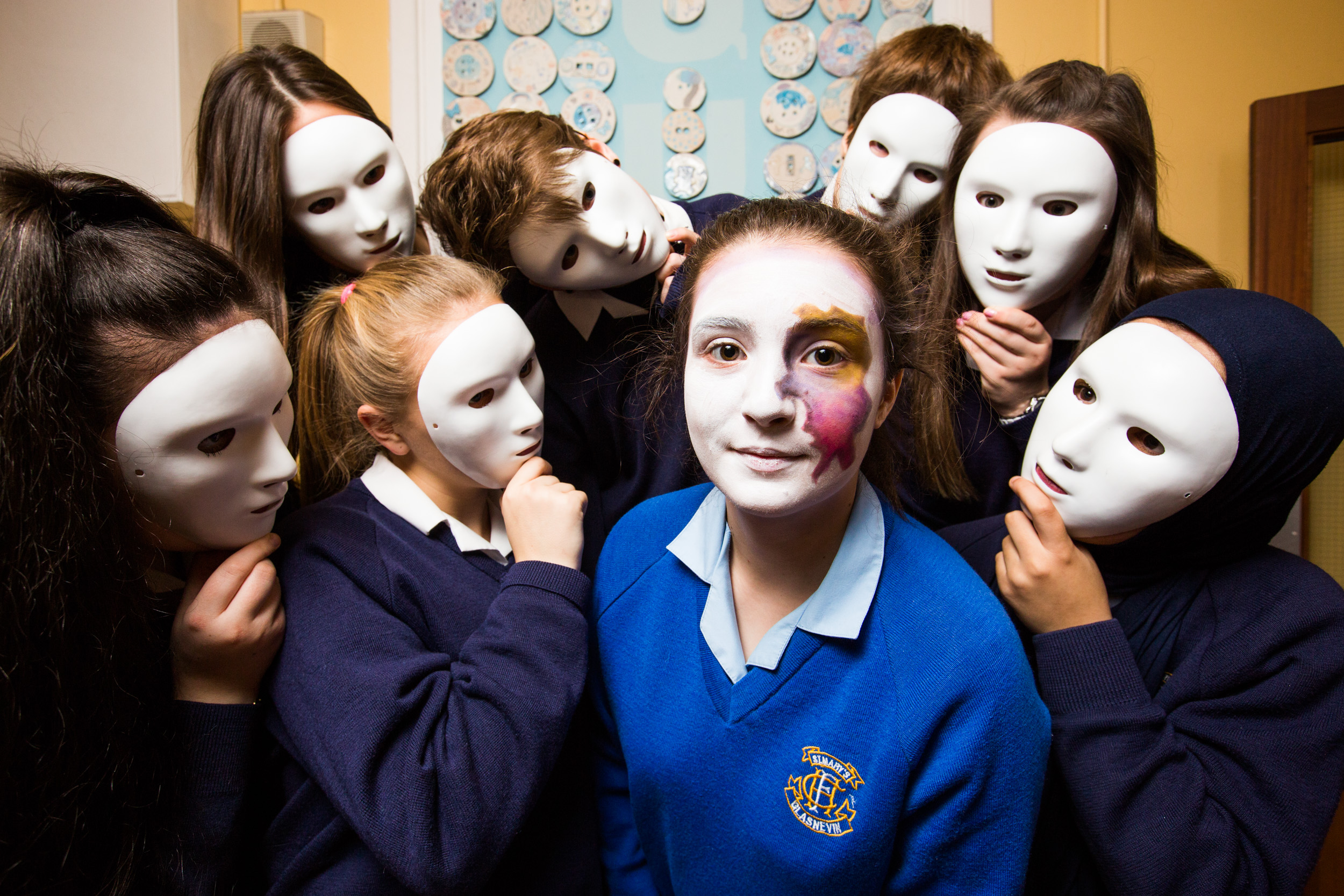 No repro fee 25-10-2016 Picture shows Lauren McCausland fifth year(with face paint); surrounded by 2nd year art students (with masks)  from St Mary’s Secondary School, H F, Glasnevin, Dublin at one of the school’s two permanent NAPD Creative Engagement Project installations ,marking the the Art Teachers’ Association of Ireland launch of the #stateoftheart campaign to raise awareness of the urgent need for change in Leaving Certificate Art highlighted by a day of action on Oct 26th.Pic:Naoise Culhane-no fee The campaign is designed to raise awareness of the urgent need for reform in the Leaving Cert Art curriculum.  Key points for change:  Marking scheme: the current system means A1s are proportionally less achievable than any other Leaving Cert subject.  Curriculum development & reform: despite requests, the Art Leaving Cert curriculum has not been revised since 1972.  Third level Art entry requirements: Leaving Cert Art itself is not required for entry to 3rd level (matriculation). However, portfolios are an essential component of entry, but aren’t covered within the curriculum. This puts extra financial and time pressure on students during the crucial Leaving Cert year.  It is essential that the Department of Education, National Council for Curriculum and Assessment (NCCA) and State Examination Commission (SEC) work together with art teachers, parent and student groups and relevant partners in culture and industry to design and implement a new Leaving Cert curriculum, not simply assessment reform.  Please support our day of action on 26th of October 2016; to raise awareness and promote change for students of today and to ensure the future creativity of our country.  Please visit our website www.artteachers.ie for further information. Your support in this campaign is important and greatly appreciated.  For Further info Please contact www.artteachers.ie or  Nadine McDonogh Cunningham – President   atai.president@gmail.com  Pic:Naoise Culhane-no fee
