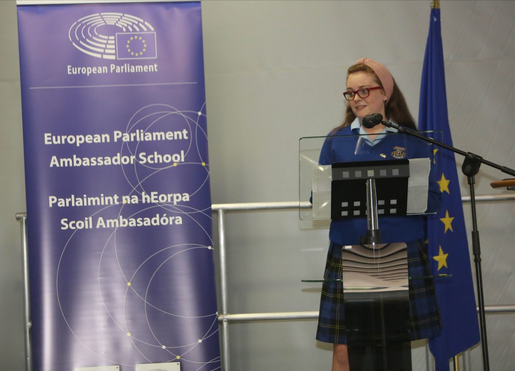 REPRO FREE 12/04/2019; St. Mary's Holy Faith Secondary School, Glasnevin, Dublin, giving a presentation at an award ceremony for schools participating in the European Parliament Ambassador School Programme, organised by the European Parliament, at the European Commission's Food and Veterinary Office, Grange, Co. Meath. Mairead McGuinness, MEP and First Vice President of the European Parliament,,Matt Carthy, MEP for the Midlands Northwest constituency, and Paola Colombo, Director Health and Food Audit and Analysis, Directorate General for Health and Food Safety with the European Commission, presented successful schools with their Ambassador School plaque and students received certificates of participation. The European Parliament Ambassador School Programme is now in its fourth year and over seven hundred schools across the EU have completed the programme. Sixty secondary schools in Ireland are taking part this year. The programme reaches out to students and first-time voters and aims to increase awareness of Europe, citizenship and political choice among young people. Picture: John Hennessy