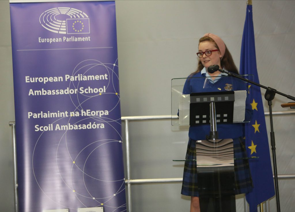 REPRO FREE 12/04/2019; St. Mary's Holy Faith Secondary School, Glasnevin, Dublin, giving a presentation at an award ceremony for schools participating in the European Parliament Ambassador School Programme, organised by the European Parliament, at the European Commission's Food and Veterinary Office, Grange, Co. Meath. Mairead McGuinness, MEP and First Vice President of the European Parliament,,Matt Carthy, MEP for the Midlands Northwest constituency, and Paola Colombo, Director Health and Food Audit and Analysis, Directorate General for Health and Food Safety with the European Commission, presented successful schools with their Ambassador School plaque and students received certificates of participation. The European Parliament Ambassador School Programme is now in its fourth year and over seven hundred schools across the EU have completed the programme. Sixty secondary schools in Ireland are taking part this year. The programme reaches out to students and first-time voters and aims to increase awareness of Europe, citizenship and political choice among young people. Picture: John Hennessy