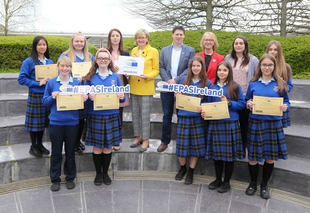 REPRO FREE 12/04/2019; Mairead McGuinness, MEP and First Vice President of the European Parliament, Matt Carthy, MEP for the Midlands Northwest constituency, and Paola Colombo, Director Health and Food Audit and Analysis, Directorate General for Health and Food Safety with the European Commission, presenting St. Mary's Holy Faith Secondary School, Glasnevin, Dublin, with their European Parliament Ambassador School Programme plaque and certificates of participation at the European Commission's Food and Veterinary Office, Grange, Co. Meath, in recognition of the school participating in the European Parliament Ambassador School Programme. The European Parliament Ambassador School Programme is now in its fourth year and over seven hundred schools across the EU have completed the programme. Sixty secondary schools in Ireland are taking part this year. The programme reaches out to students and first-time voters and aims to increase awareness of Europe, citizenship and political choice among young people. Picture: John Hennessy