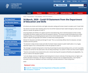 Covid-19 Statement from the Department of Education and Skills